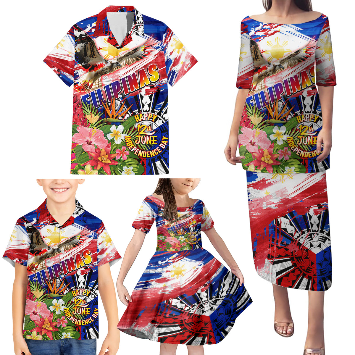 Personalized Philippines Independence Day Family Matching Puletasi and Hawaiian Shirt Polynesia Filipinas Eagle Hibiscus