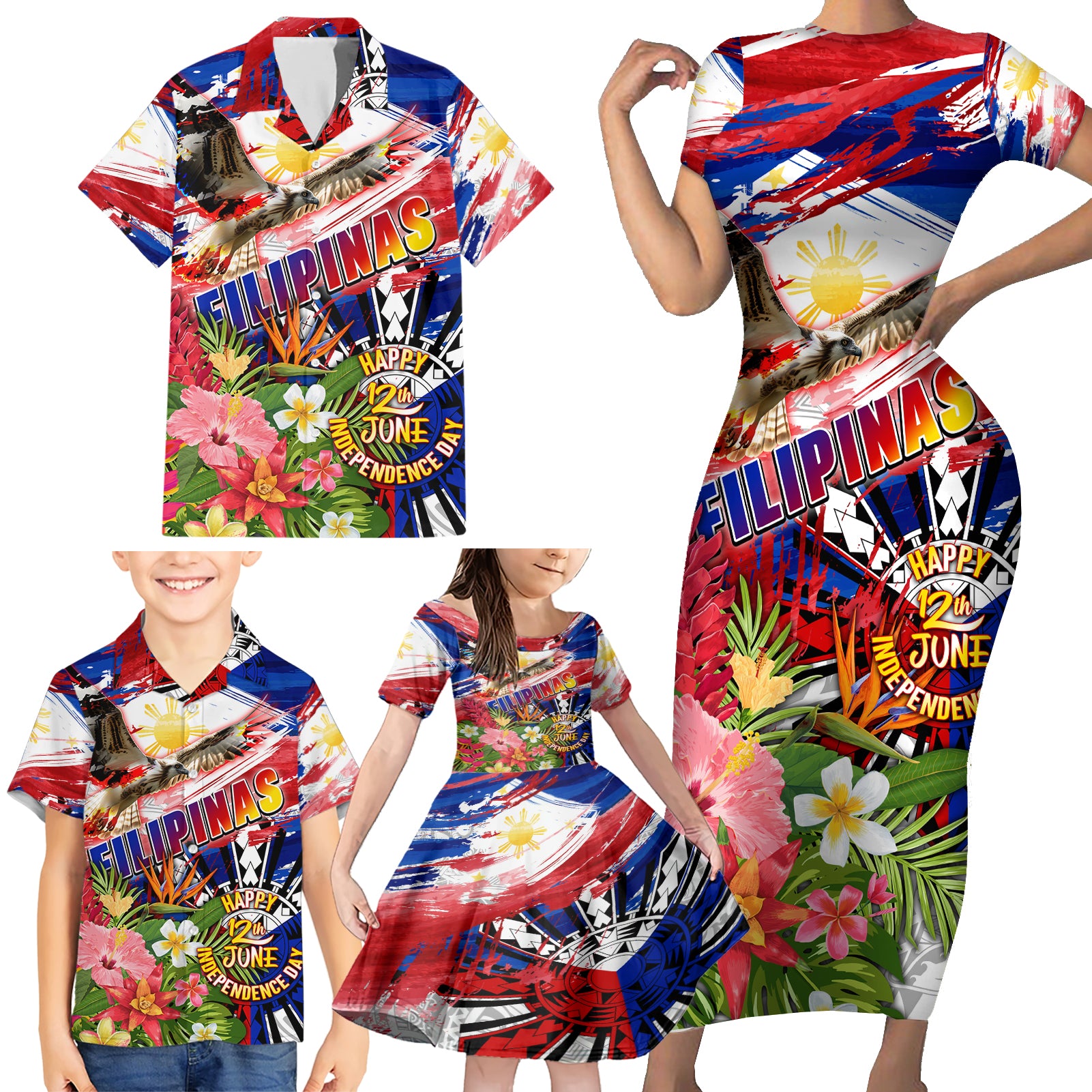 Personalized Philippines Independence Day Family Matching Short Sleeve Bodycon Dress and Hawaiian Shirt Polynesia Filipinas Eagle Hibiscus