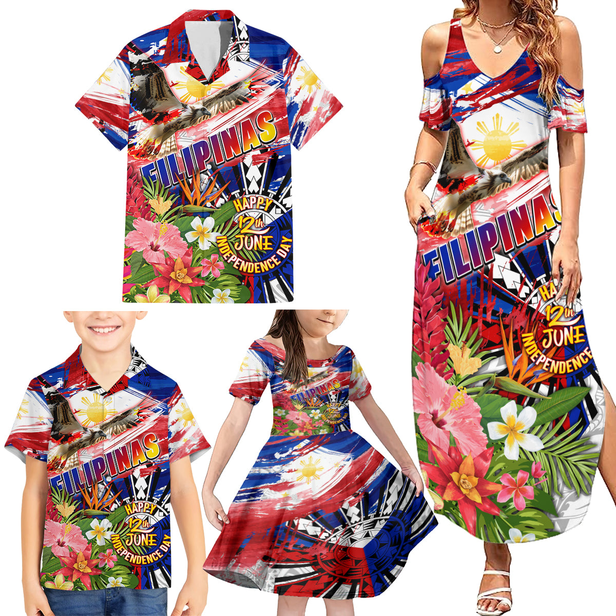 Personalized Philippines Independence Day Family Matching Summer Maxi Dress and Hawaiian Shirt Polynesia Filipinas Eagle Hibiscus