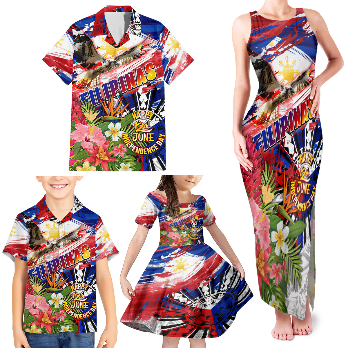 Personalized Philippines Independence Day Family Matching Tank Maxi Dress and Hawaiian Shirt Polynesia Filipinas Eagle Hibiscus