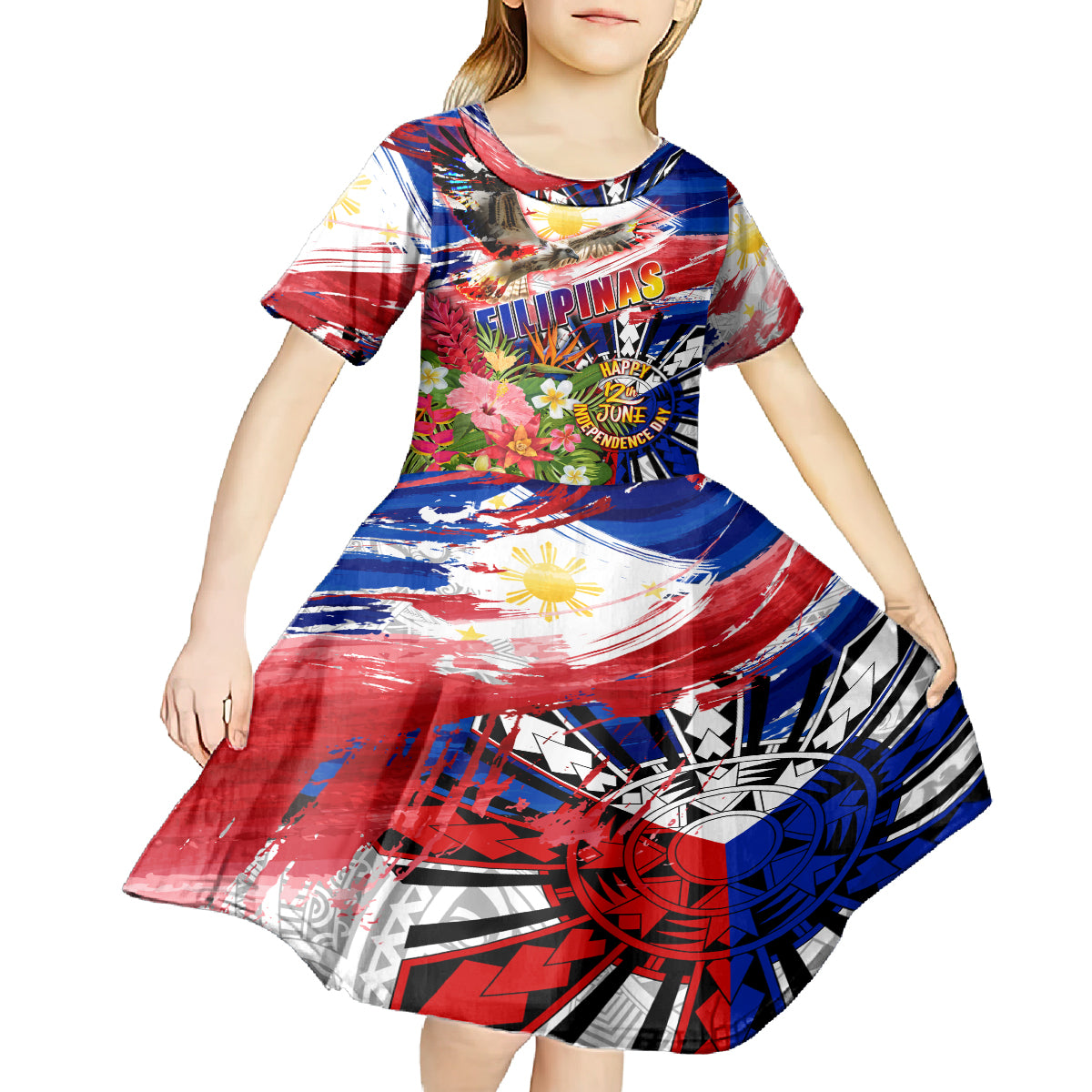 Personalized Philippines Independence Day Kid Short Sleeve Dress Polynesia Filipinas Eagle Hibiscus