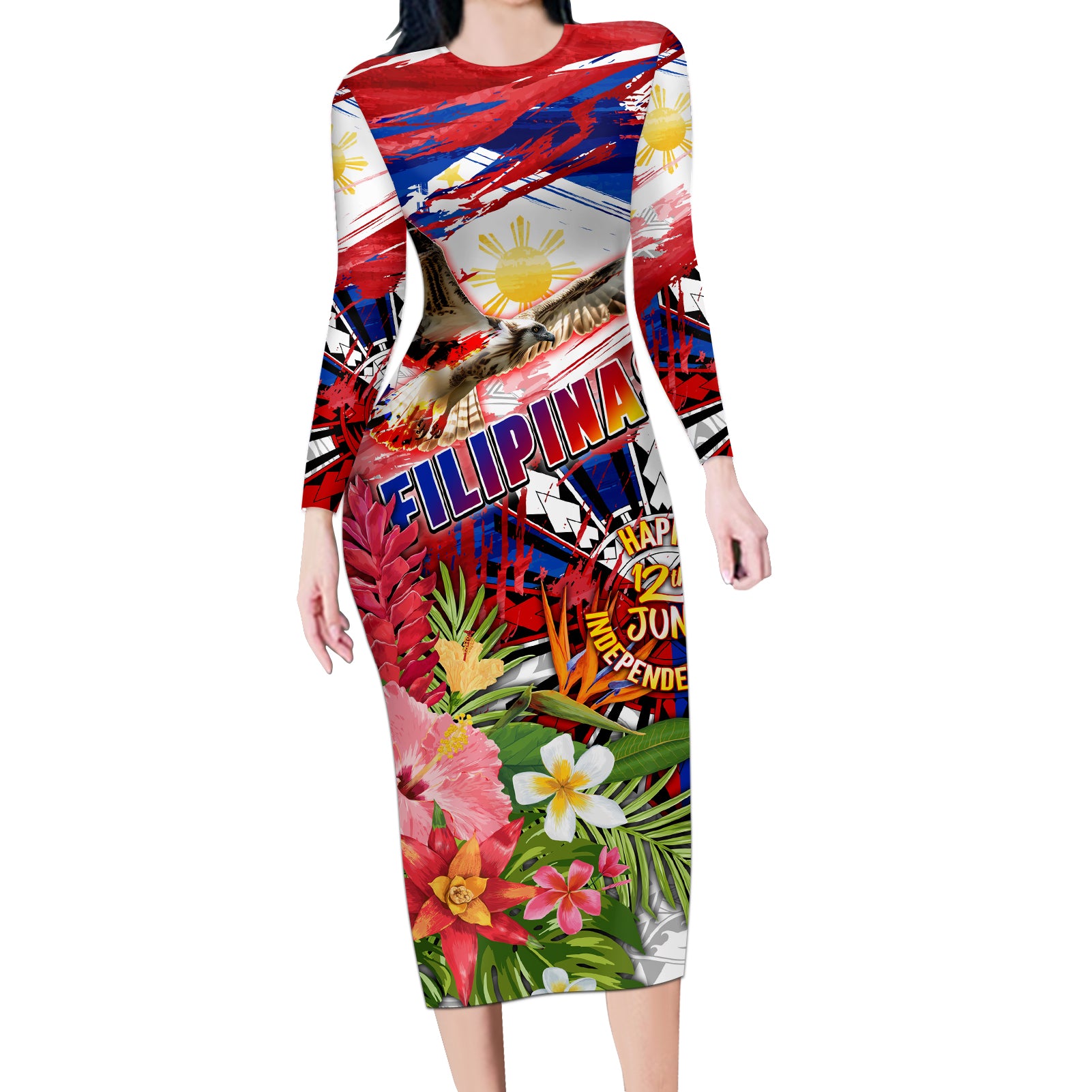Personalized Philippines Independence Day Long Sleeve Bodycon Dress Polynesia Filipinas Eagle Hibiscus