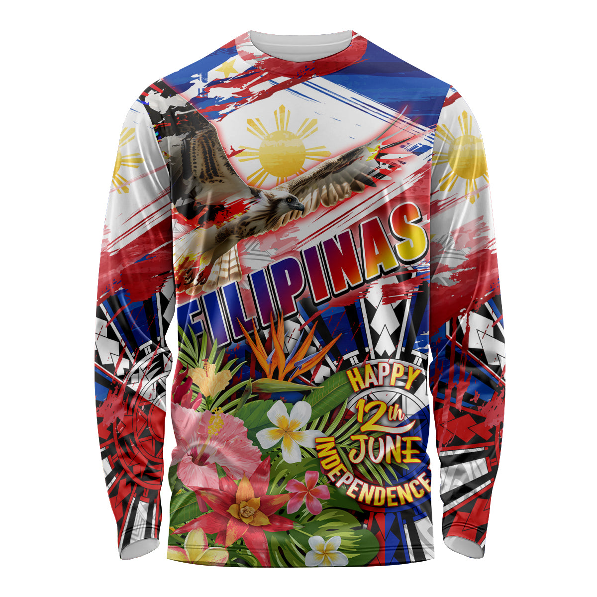 Personalized Philippines Independence Day Long Sleeve Shirt Polynesia Filipinas Eagle Hibiscus