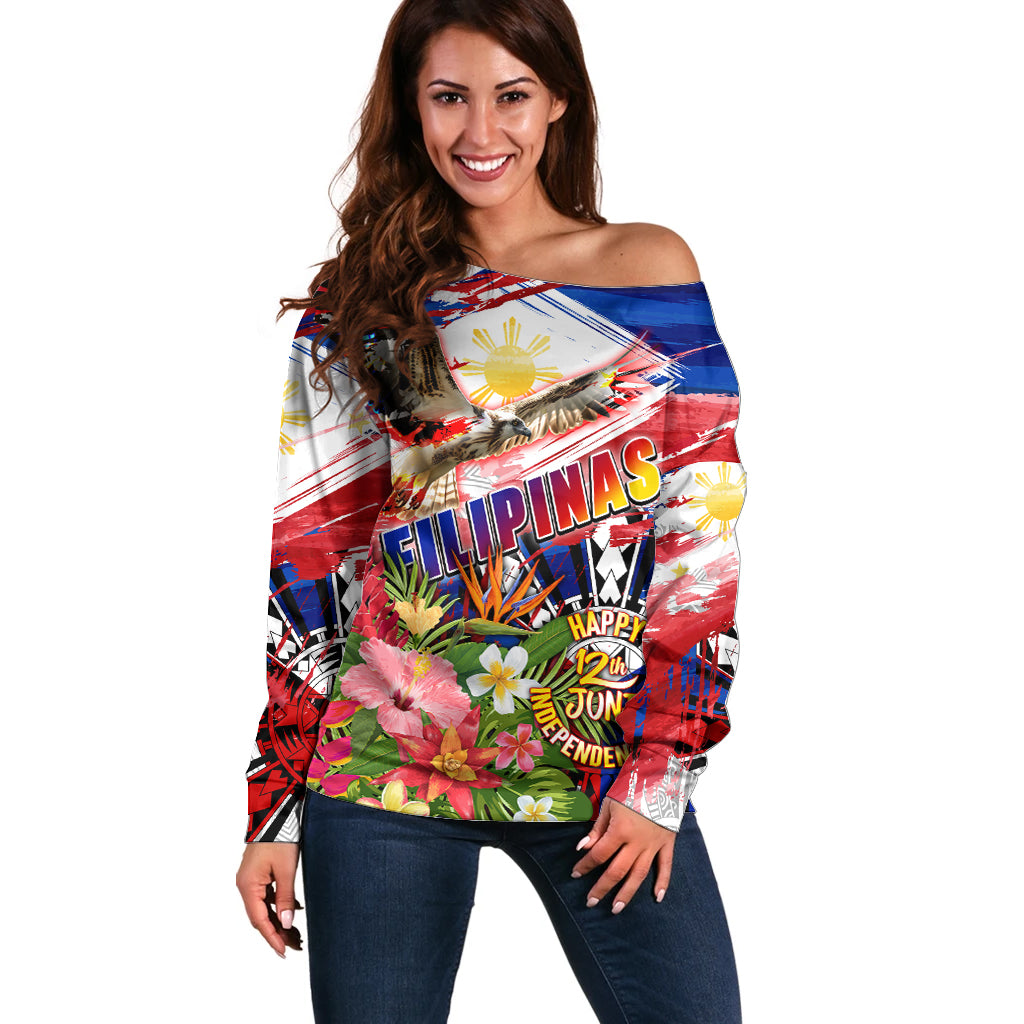 Personalized Philippines Independence Day Off Shoulder Sweater Polynesia Filipinas Eagle Hibiscus