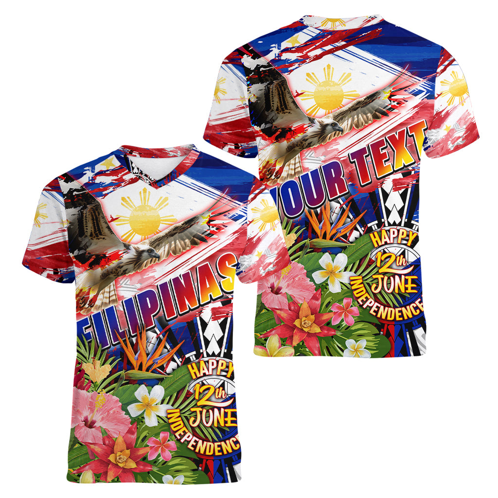 Personalized Philippines Independence Day Women V-Neck T-Shirt Polynesia Filipinas Eagle Hibiscus