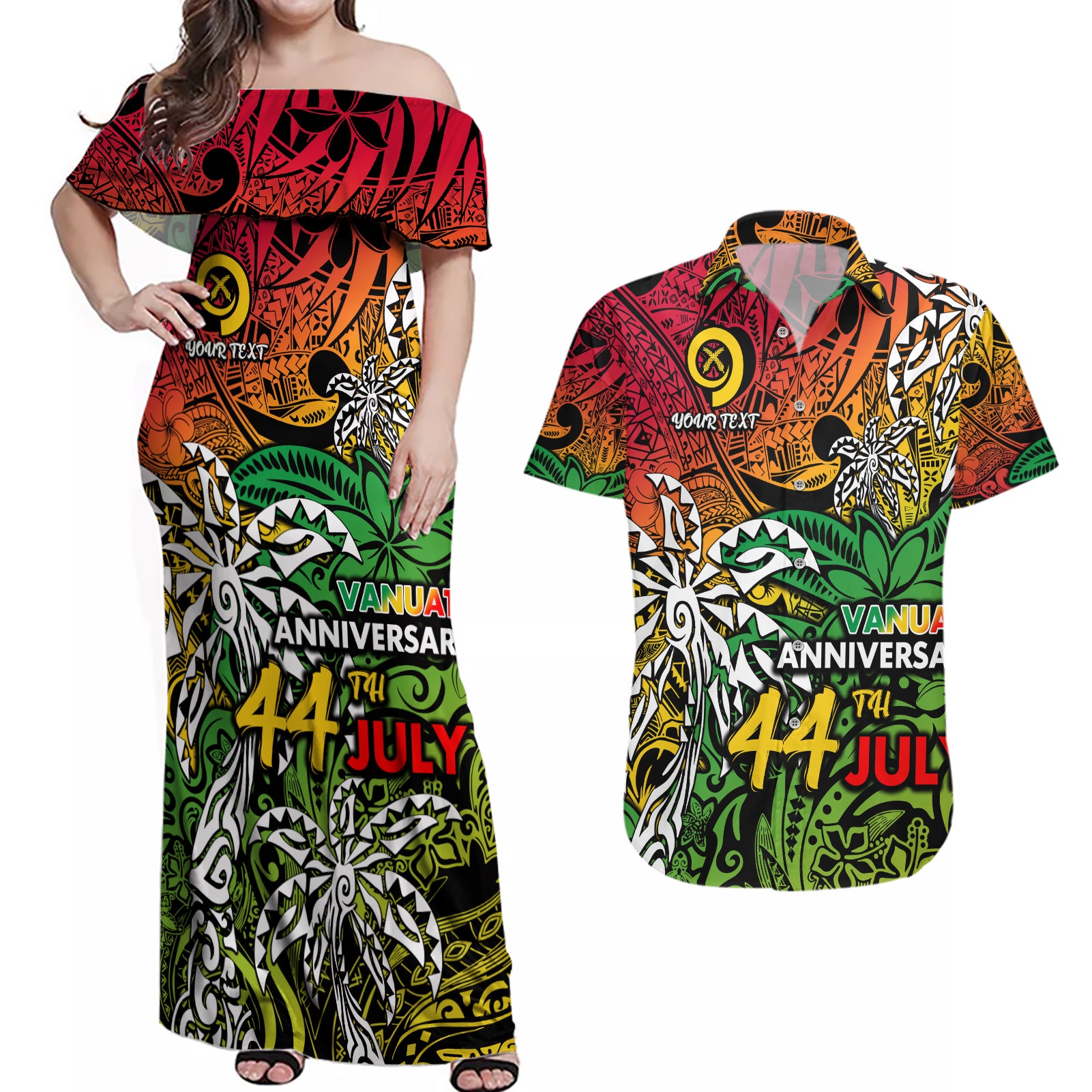 Personalised Vanuatu 44th Independence Anniversary Couples Matching Off Shoulder Maxi Dress and Hawaiian Shirt Melanesian Pattern Reggae