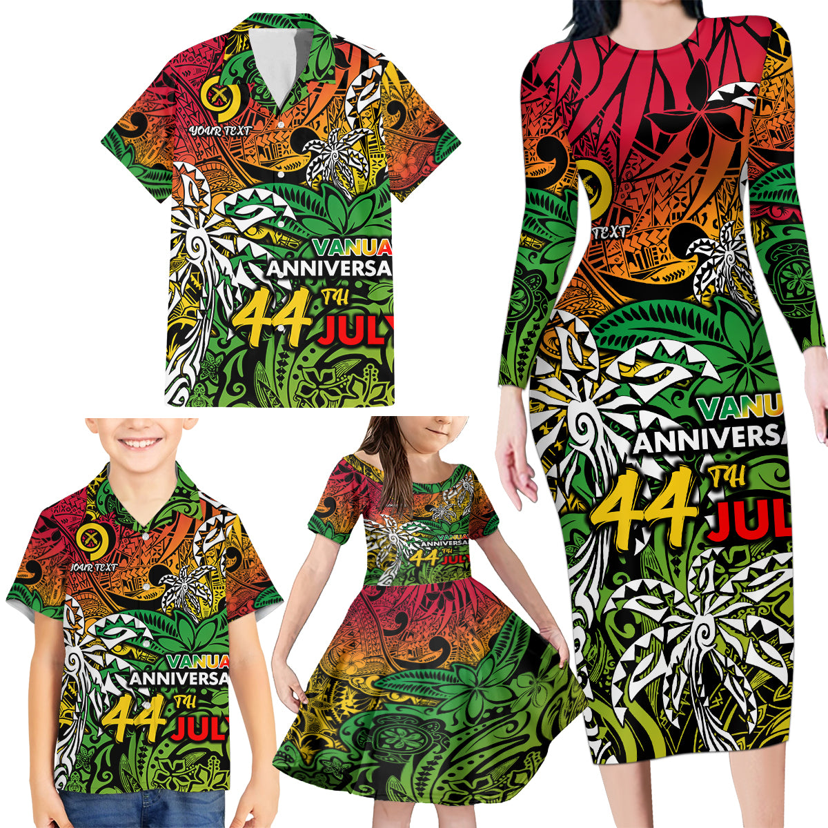 Personalised Vanuatu 44th Independence Anniversary Family Matching Long Sleeve Bodycon Dress and Hawaiian Shirt Melanesian Pattern Reggae