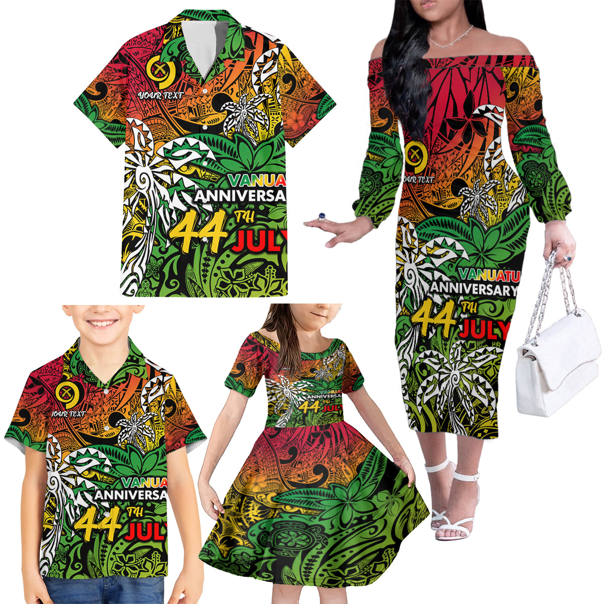 Personalised Vanuatu 44th Independence Anniversary Family Matching Off The Shoulder Long Sleeve Dress and Hawaiian Shirt Melanesian Pattern Reggae