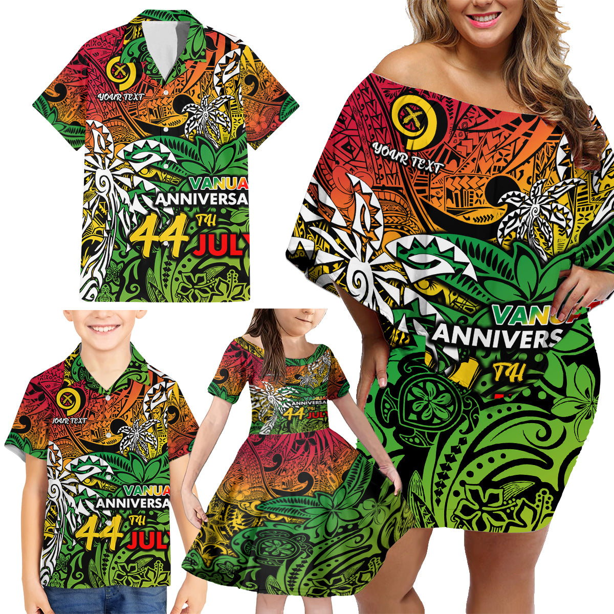 Personalised Vanuatu 44th Independence Anniversary Family Matching Off Shoulder Short Dress and Hawaiian Shirt Melanesian Pattern Reggae