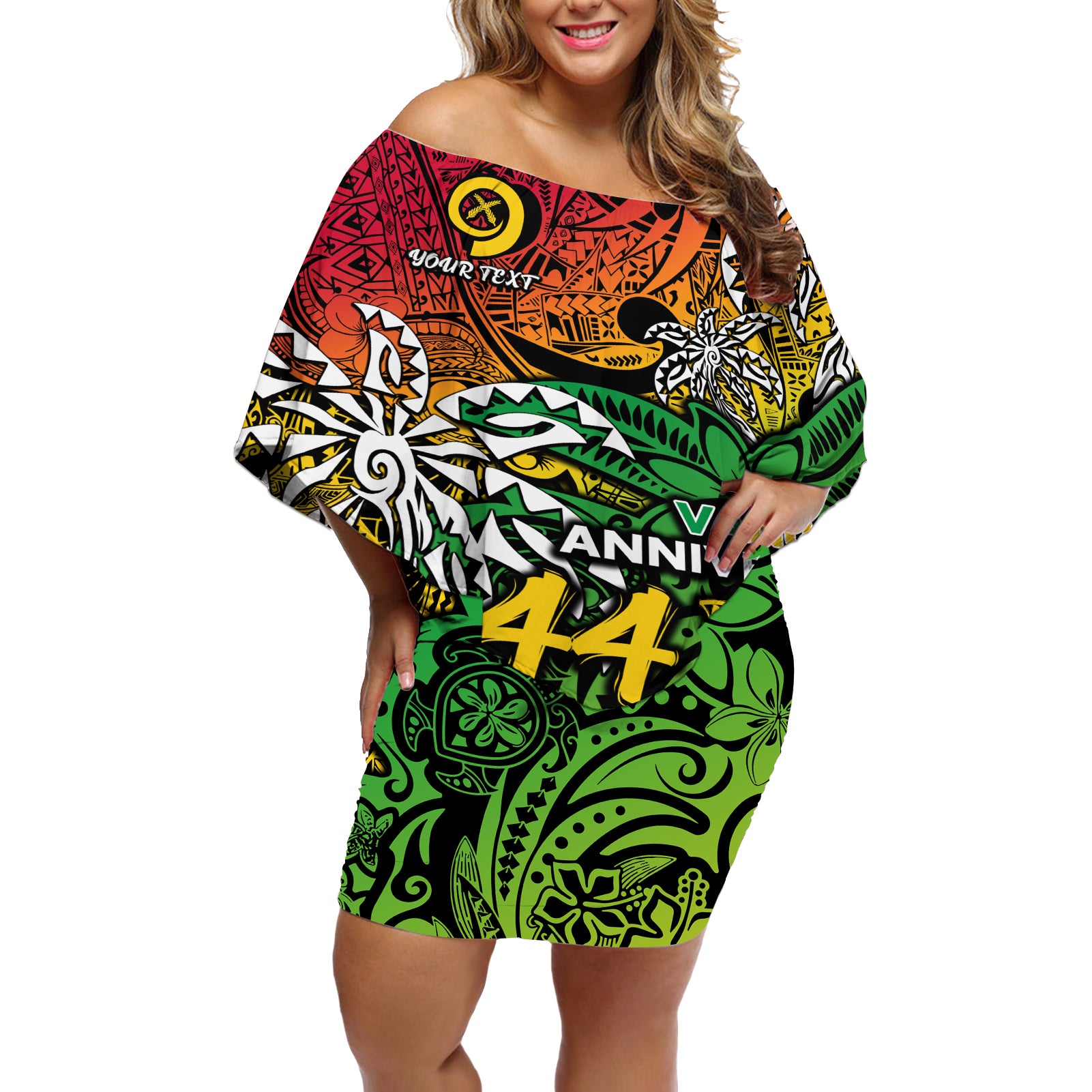 Personalised Vanuatu 44th Independence Anniversary Off Shoulder Short Dress Melanesian Pattern Reggae