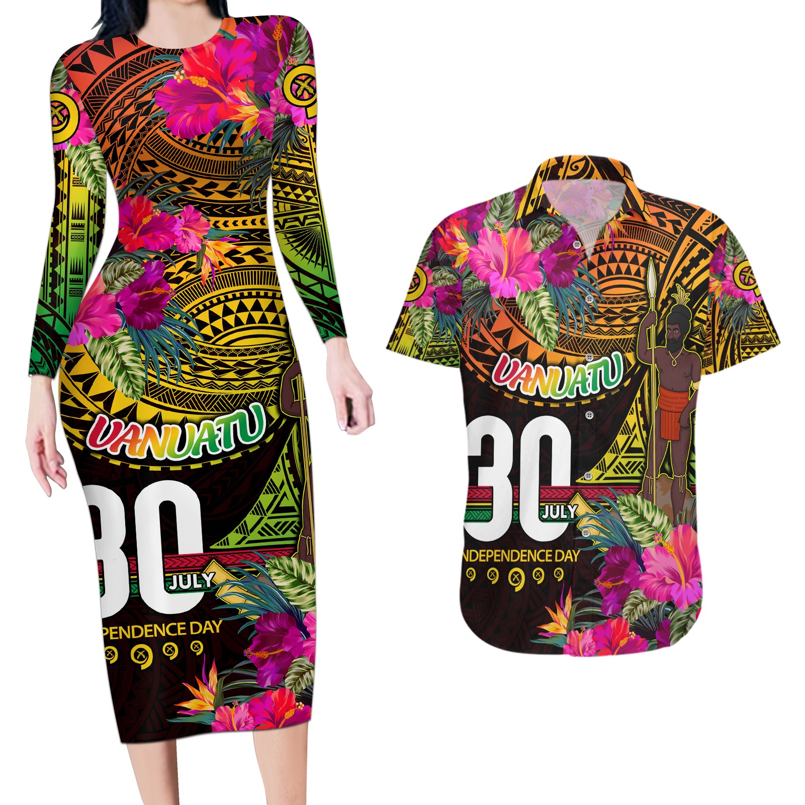 Personalised Vanuatu Independence Day 30 July Couples Matching Long Sleeve Bodycon Dress and Hawaiian Shirt Hibiscus Polynesian Pattern