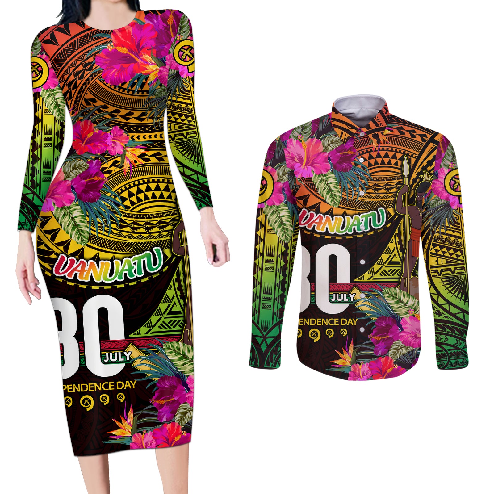 Personalised Vanuatu Independence Day 30 July Couples Matching Long Sleeve Bodycon Dress and Long Sleeve Button Shirt Hibiscus Polynesian Pattern DT02 Yellow - Polynesian Pride