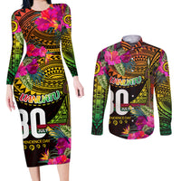 Personalised Vanuatu Independence Day 30 July Couples Matching Long Sleeve Bodycon Dress and Long Sleeve Button Shirt Hibiscus Polynesian Pattern DT02 Yellow - Polynesian Pride