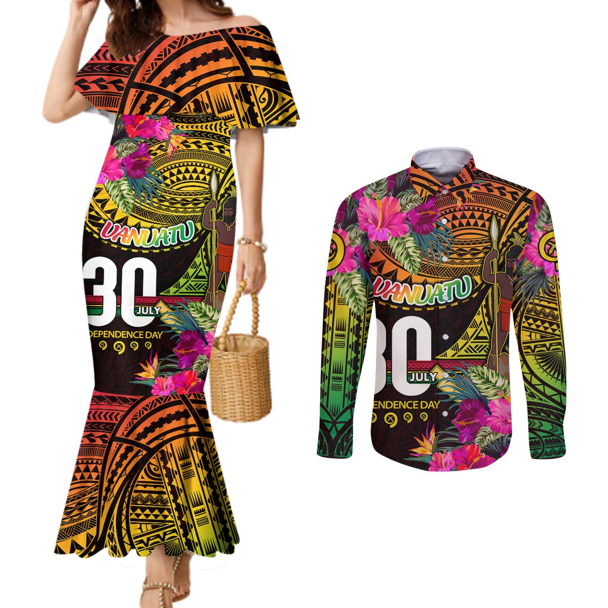 Personalised Vanuatu Independence Day 30 July Couples Matching Mermaid Dress and Long Sleeve Button Shirt Hibiscus Polynesian Pattern DT02 Yellow - Polynesian Pride