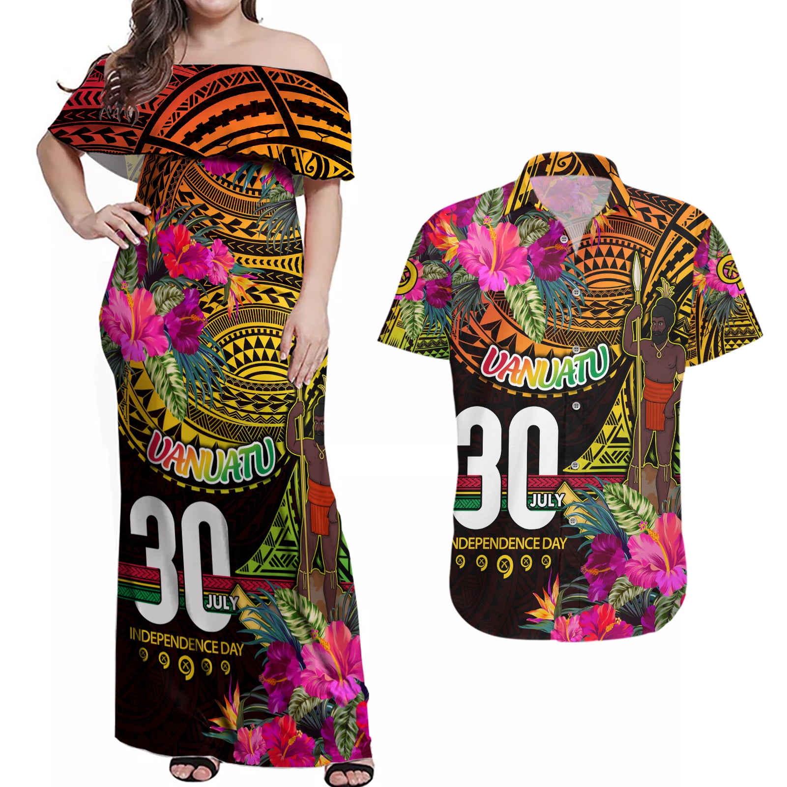 Personalised Vanuatu Independence Day 30 July Couples Matching Off Shoulder Maxi Dress and Hawaiian Shirt Hibiscus Polynesian Pattern