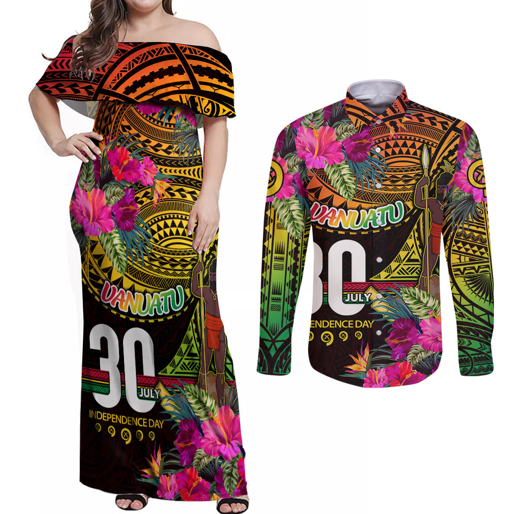 Personalised Vanuatu Independence Day 30 July Couples Matching Off Shoulder Maxi Dress and Long Sleeve Button Shirt Hibiscus Polynesian Pattern DT02 Yellow - Polynesian Pride