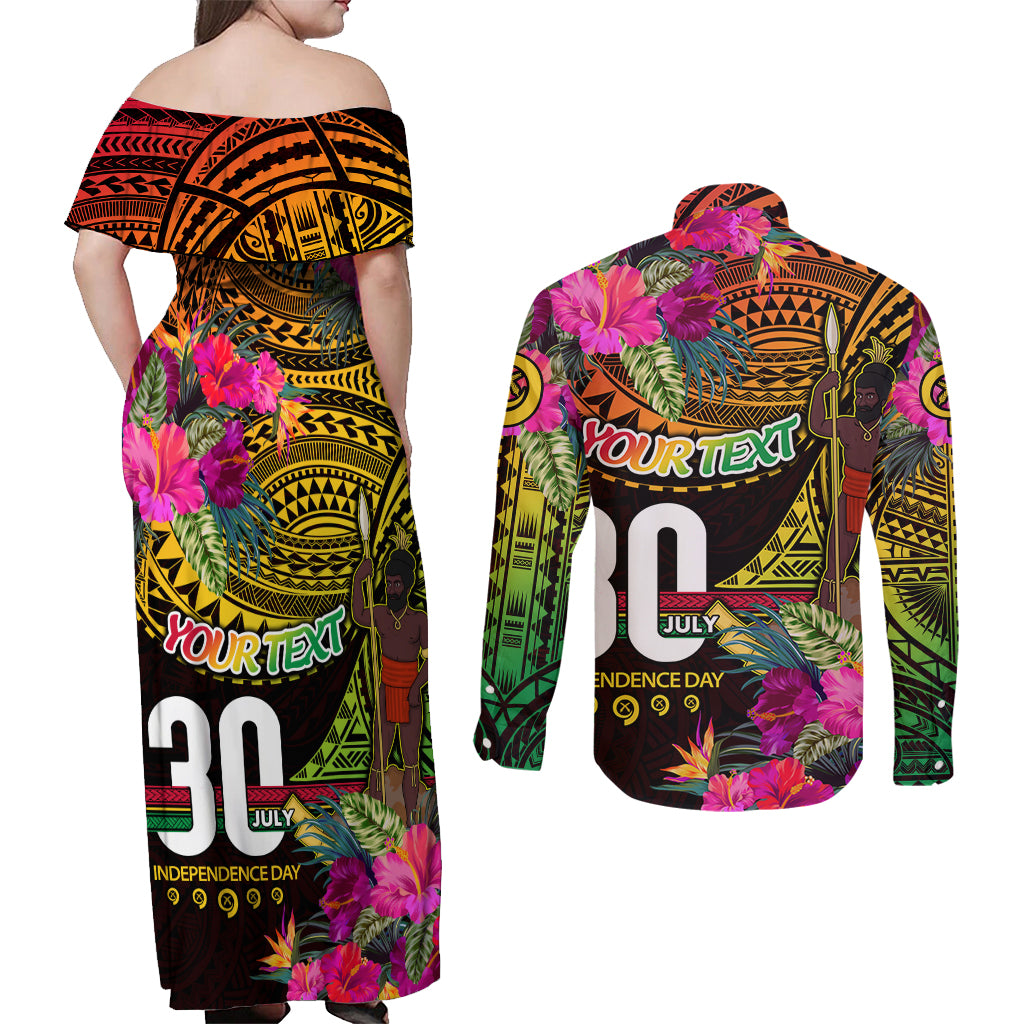Personalised Vanuatu Independence Day 30 July Couples Matching Off Shoulder Maxi Dress and Long Sleeve Button Shirt Hibiscus Polynesian Pattern DT02 - Polynesian Pride