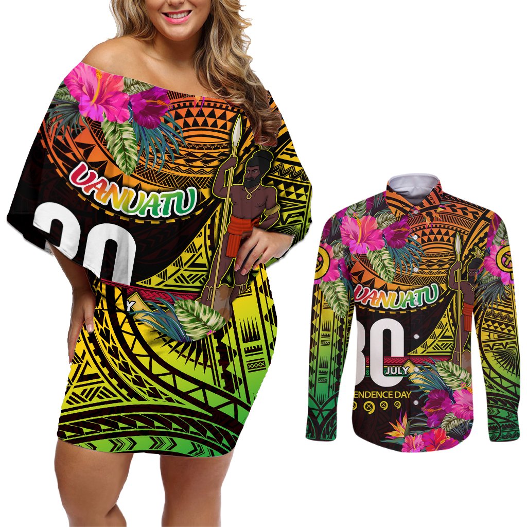 Personalised Vanuatu Independence Day 30 July Couples Matching Off Shoulder Short Dress and Long Sleeve Button Shirt Hibiscus Polynesian Pattern DT02 Yellow - Polynesian Pride