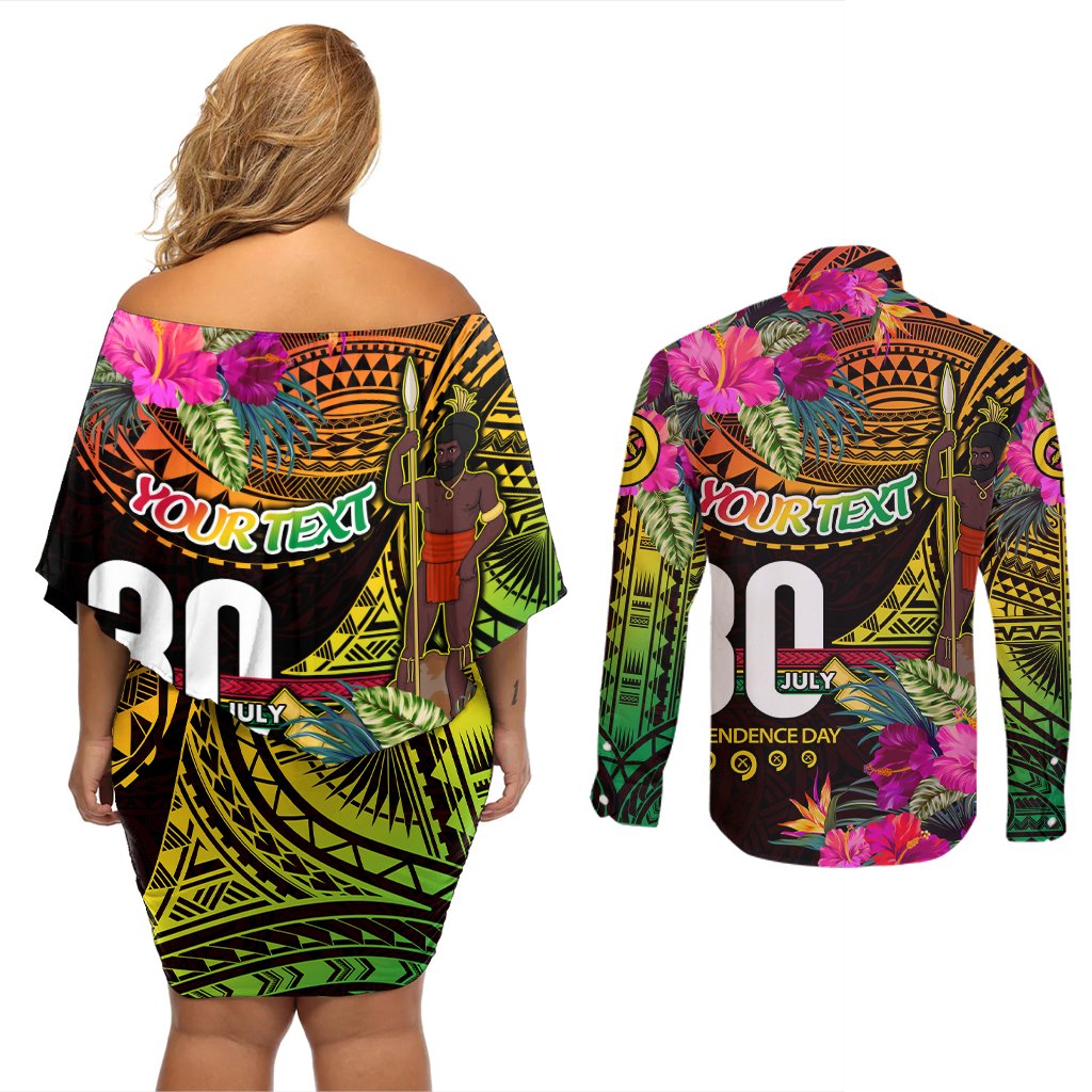 Personalised Vanuatu Independence Day 30 July Couples Matching Off Shoulder Short Dress and Long Sleeve Button Shirt Hibiscus Polynesian Pattern DT02 - Polynesian Pride