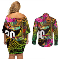 Personalised Vanuatu Independence Day 30 July Couples Matching Off Shoulder Short Dress and Long Sleeve Button Shirt Hibiscus Polynesian Pattern DT02 - Polynesian Pride