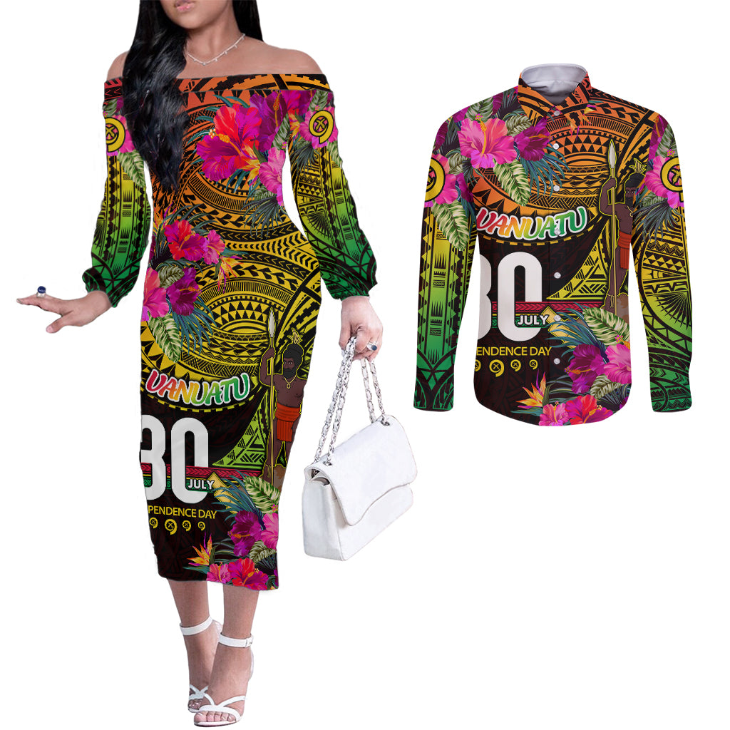 Personalised Vanuatu Independence Day 30 July Couples Matching Off The Shoulder Long Sleeve Dress and Long Sleeve Button Shirt Hibiscus Polynesian Pattern DT02 Yellow - Polynesian Pride