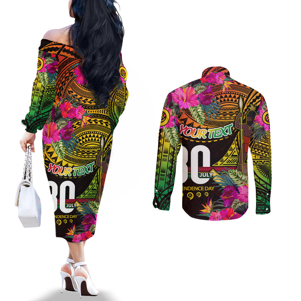 Personalised Vanuatu Independence Day 30 July Couples Matching Off The Shoulder Long Sleeve Dress and Long Sleeve Button Shirt Hibiscus Polynesian Pattern DT02 - Polynesian Pride