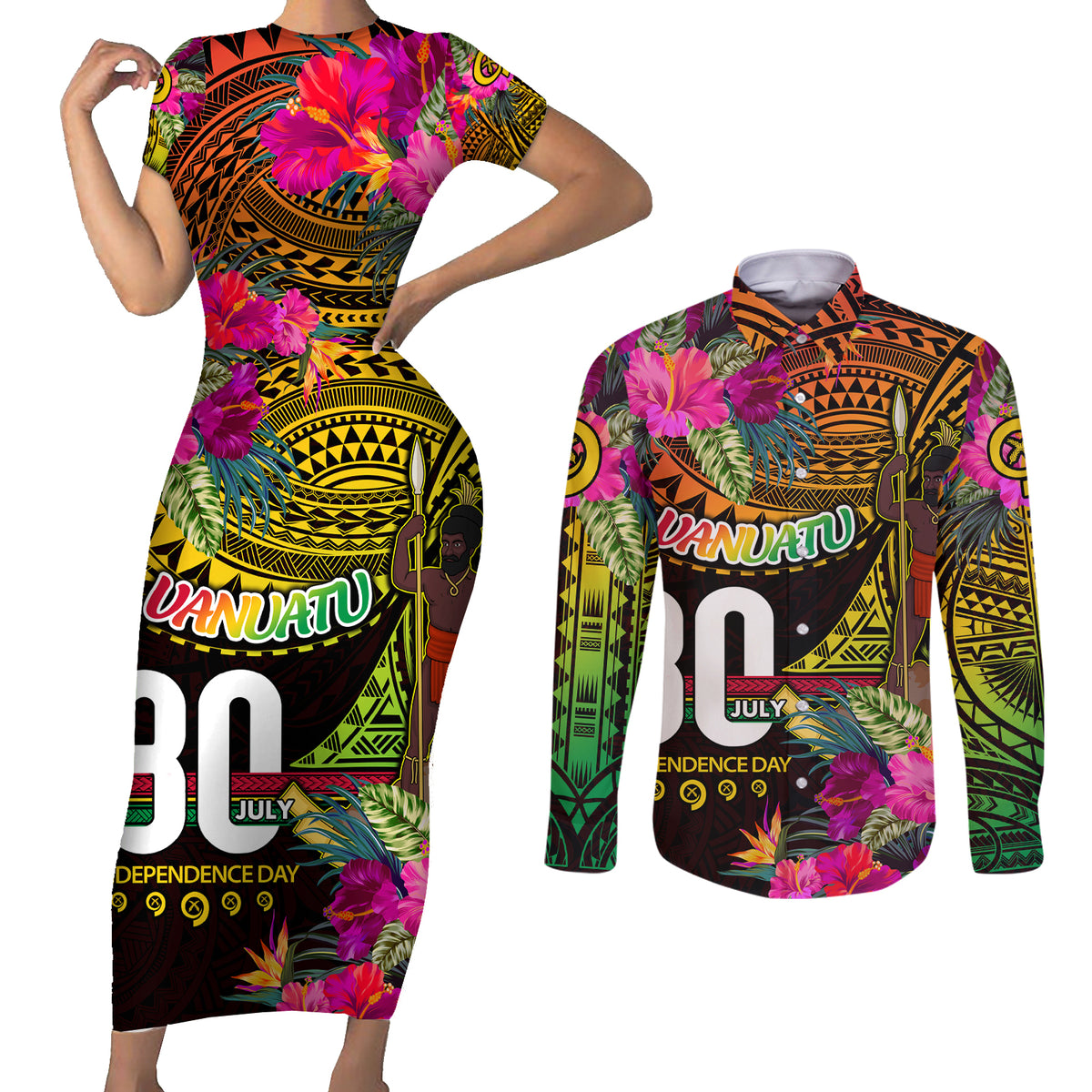 Personalised Vanuatu Independence Day 30 July Couples Matching Short Sleeve Bodycon Dress and Long Sleeve Button Shirt Hibiscus Polynesian Pattern DT02 Yellow - Polynesian Pride