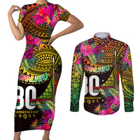 Personalised Vanuatu Independence Day 30 July Couples Matching Short Sleeve Bodycon Dress and Long Sleeve Button Shirt Hibiscus Polynesian Pattern DT02 Yellow - Polynesian Pride