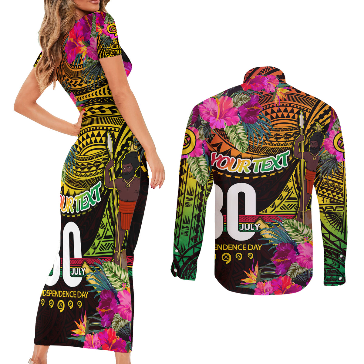 Personalised Vanuatu Independence Day 30 July Couples Matching Short Sleeve Bodycon Dress and Long Sleeve Button Shirt Hibiscus Polynesian Pattern DT02 - Polynesian Pride