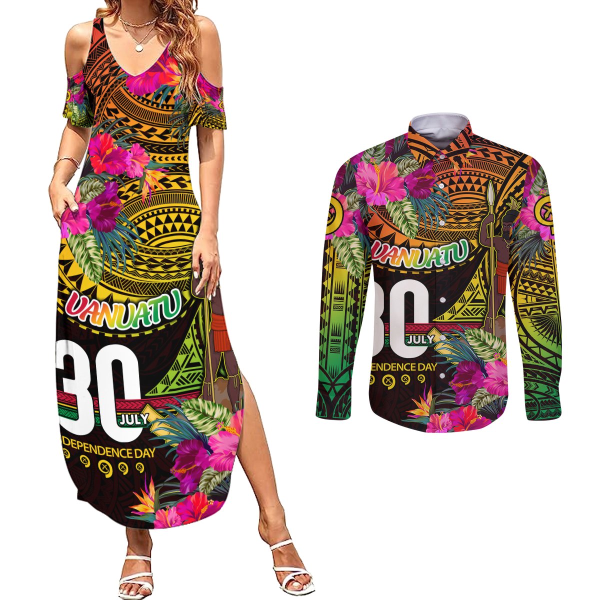 Personalised Vanuatu Independence Day 30 July Couples Matching Summer Maxi Dress and Long Sleeve Button Shirt Hibiscus Polynesian Pattern DT02 Yellow - Polynesian Pride