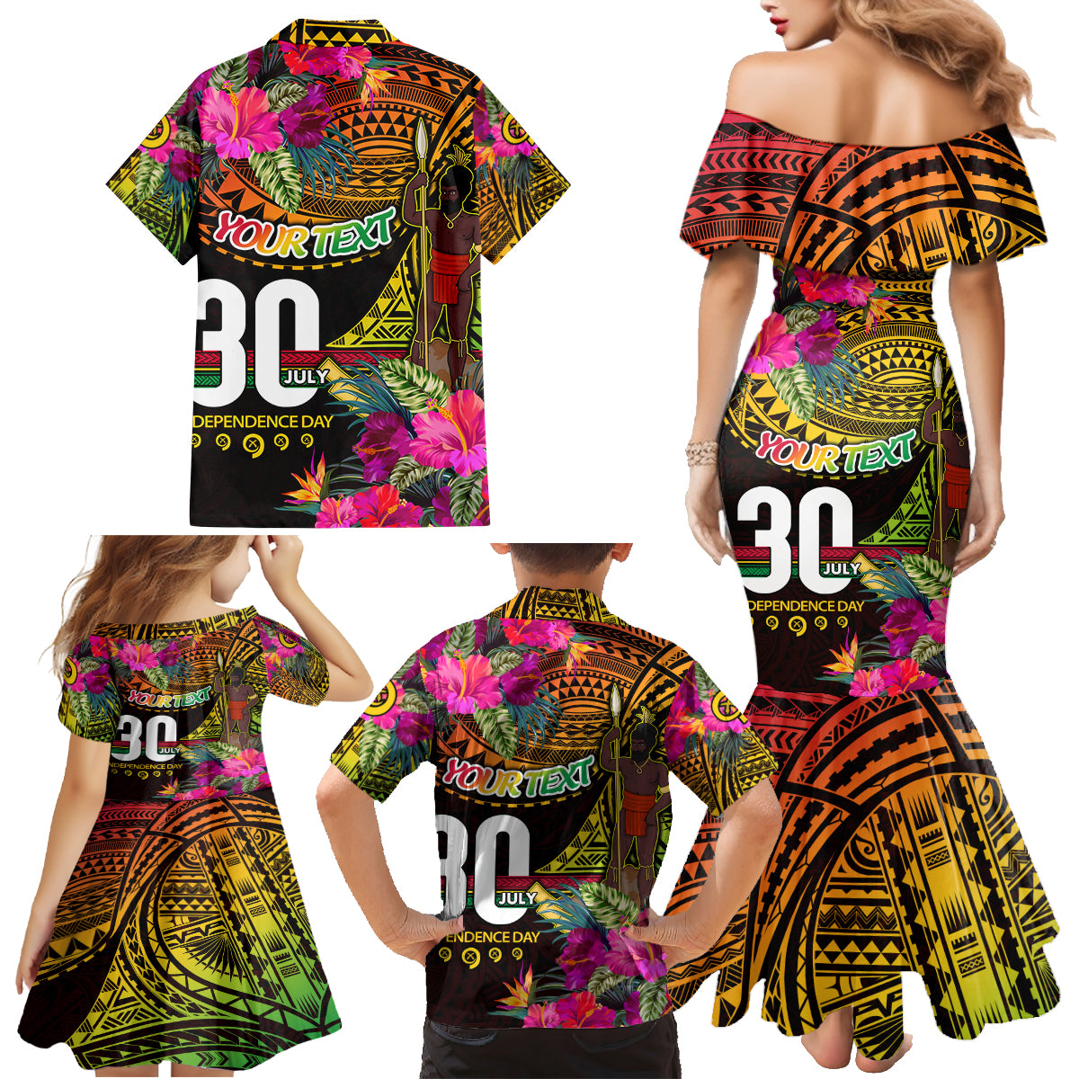 Personalised Vanuatu Independence Day 30 July Family Matching Mermaid Dress and Hawaiian Shirt Hibiscus Polynesian Pattern