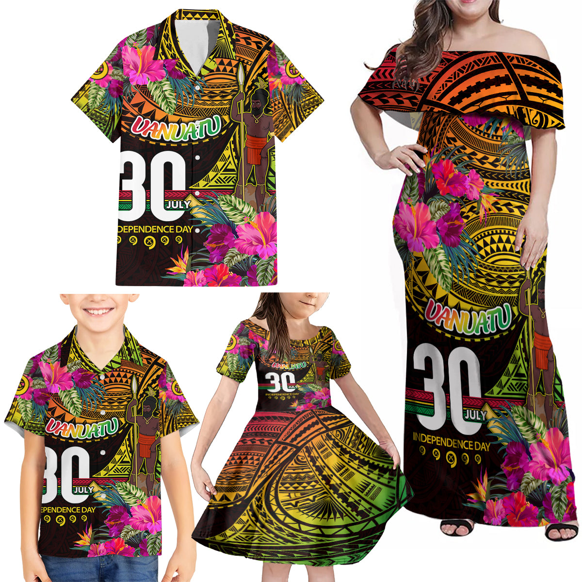 Personalised Vanuatu Independence Day 30 July Family Matching Off Shoulder Maxi Dress and Hawaiian Shirt Hibiscus Polynesian Pattern