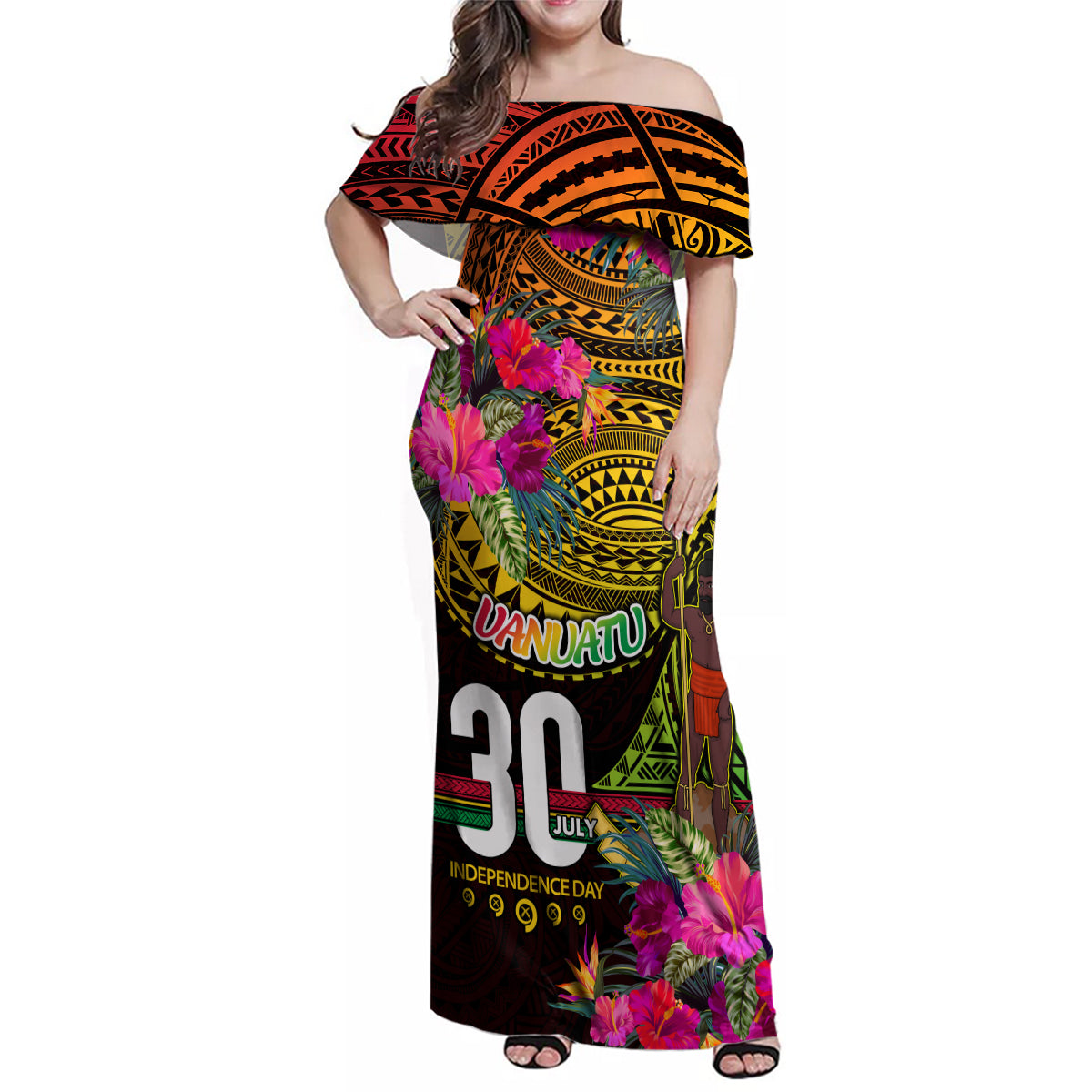 Personalised Vanuatu Independence Day 30 July Family Matching Off Shoulder Maxi Dress and Hawaiian Shirt Hibiscus Polynesian Pattern