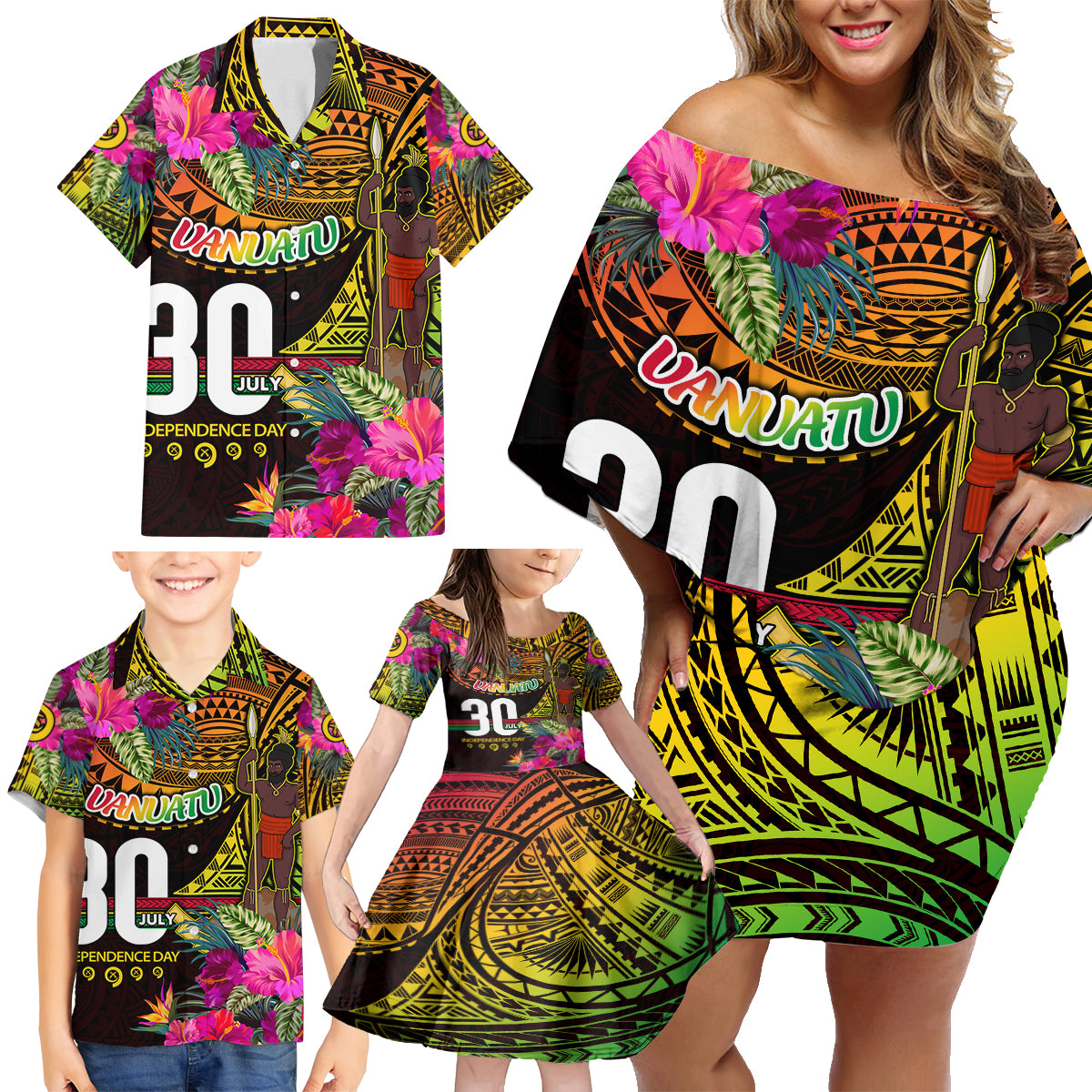 Personalised Vanuatu Independence Day 30 July Family Matching Off Shoulder Short Dress and Hawaiian Shirt Hibiscus Polynesian Pattern