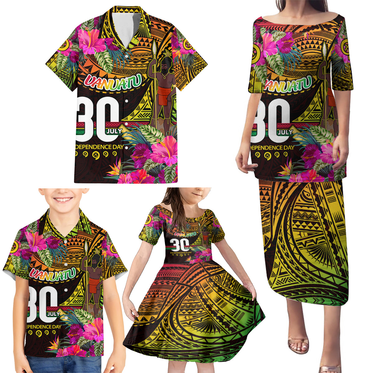 Personalised Vanuatu Independence Day 30 July Family Matching Puletasi and Hawaiian Shirt Hibiscus Polynesian Pattern