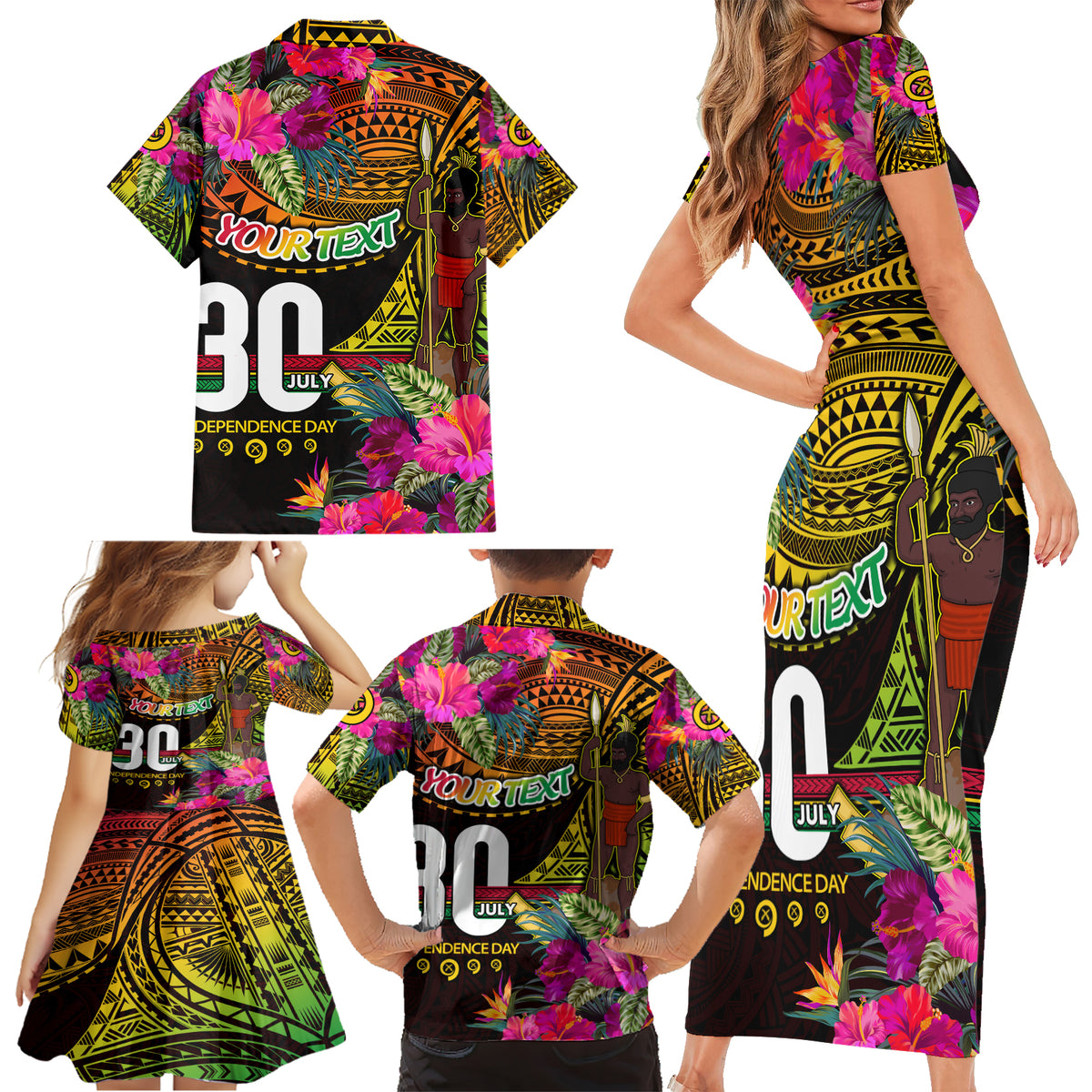 Personalised Vanuatu Independence Day 30 July Family Matching Short Sleeve Bodycon Dress and Hawaiian Shirt Hibiscus Polynesian Pattern