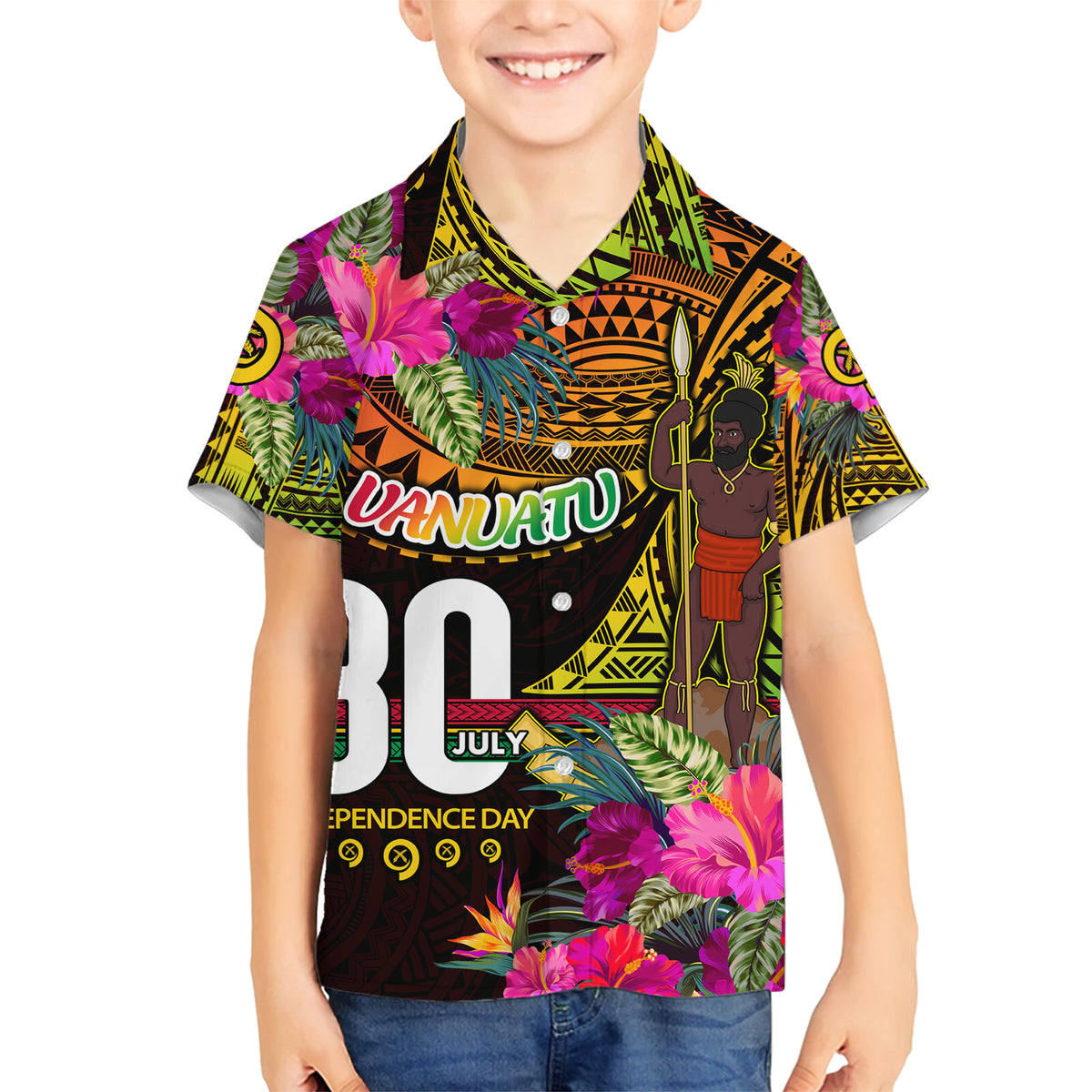 Personalised Vanuatu Independence Day 30 July Family Matching Short Sleeve Bodycon Dress and Hawaiian Shirt Hibiscus Polynesian Pattern