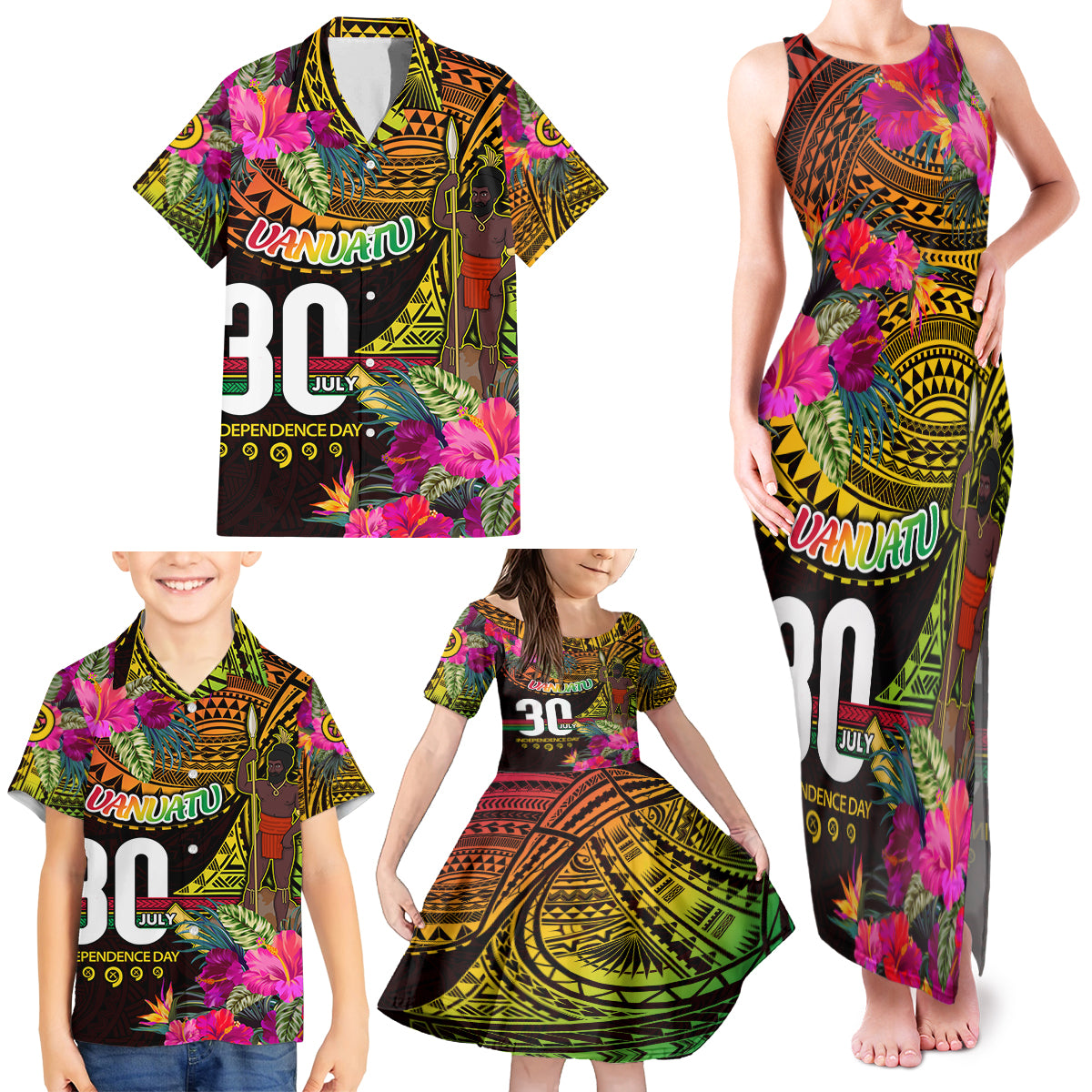 Personalised Vanuatu Independence Day 30 July Family Matching Tank Maxi Dress and Hawaiian Shirt Hibiscus Polynesian Pattern
