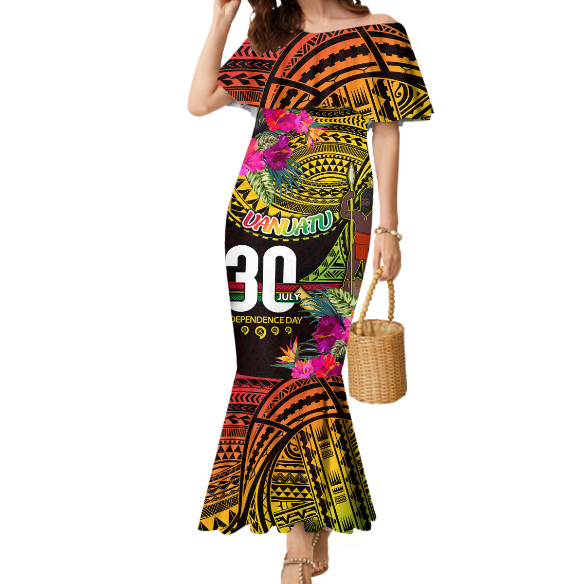 Personalised Vanuatu Independence Day 30 July Mermaid Dress Hibiscus Polynesian Pattern