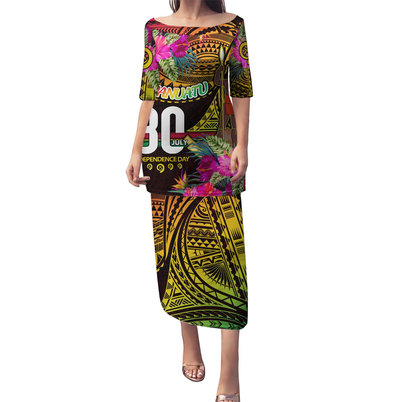 Personalised Vanuatu Independence Day 30 July Puletasi Hibiscus Polynesian Pattern DT02 Long Dress Yellow - Polynesian Pride