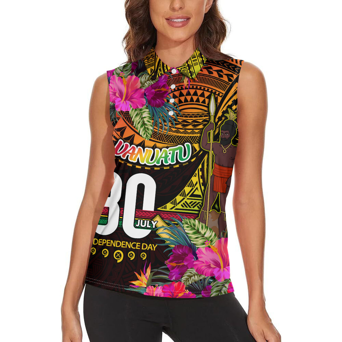 Personalised Vanuatu Independence Day 30 July Women Sleeveless Polo Shirt Hibiscus Polynesian Pattern