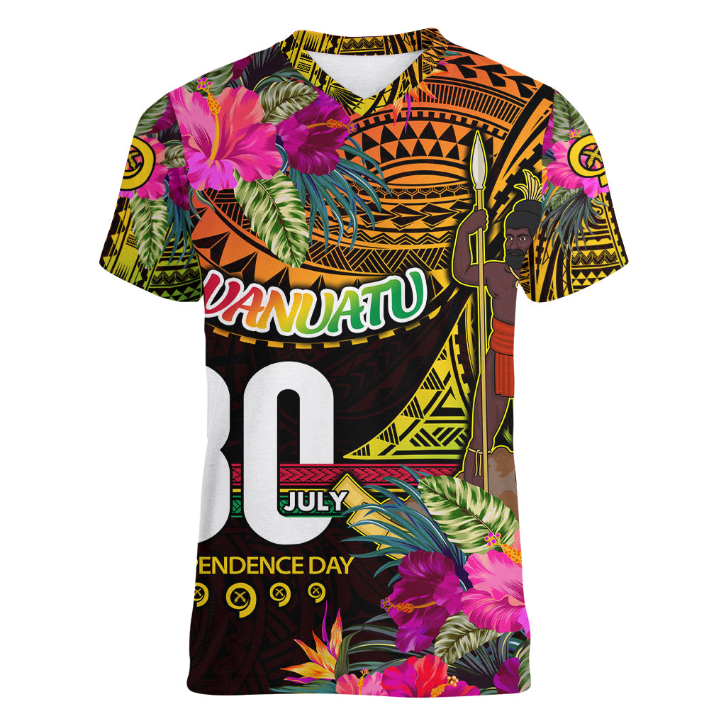 Personalised Vanuatu Independence Day 30 July Women V-Neck T-Shirt Hibiscus Polynesian Pattern