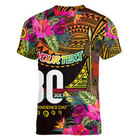 Personalised Vanuatu Independence Day 30 July Women V-Neck T-Shirt Hibiscus Polynesian Pattern