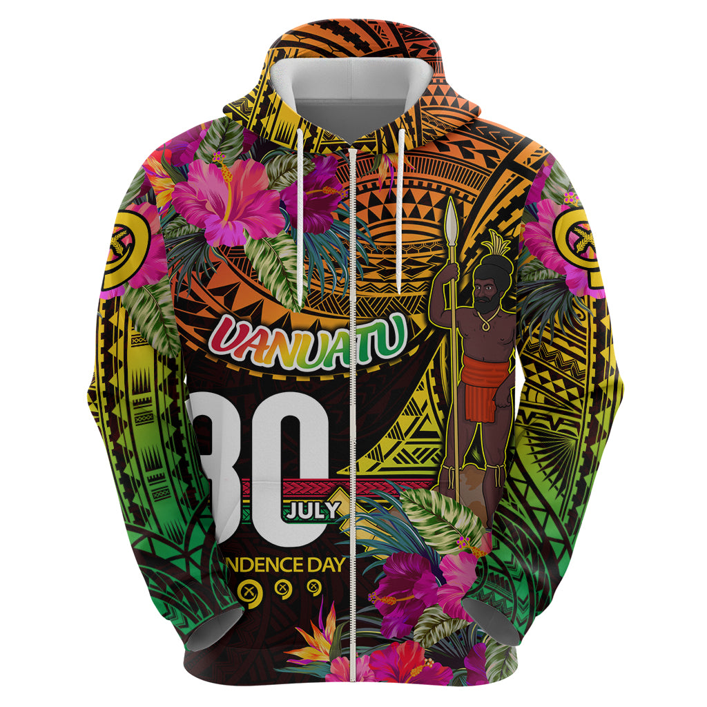 Personalised Vanuatu Independence Day 30 July Zip Hoodie Hibiscus Polynesian Pattern
