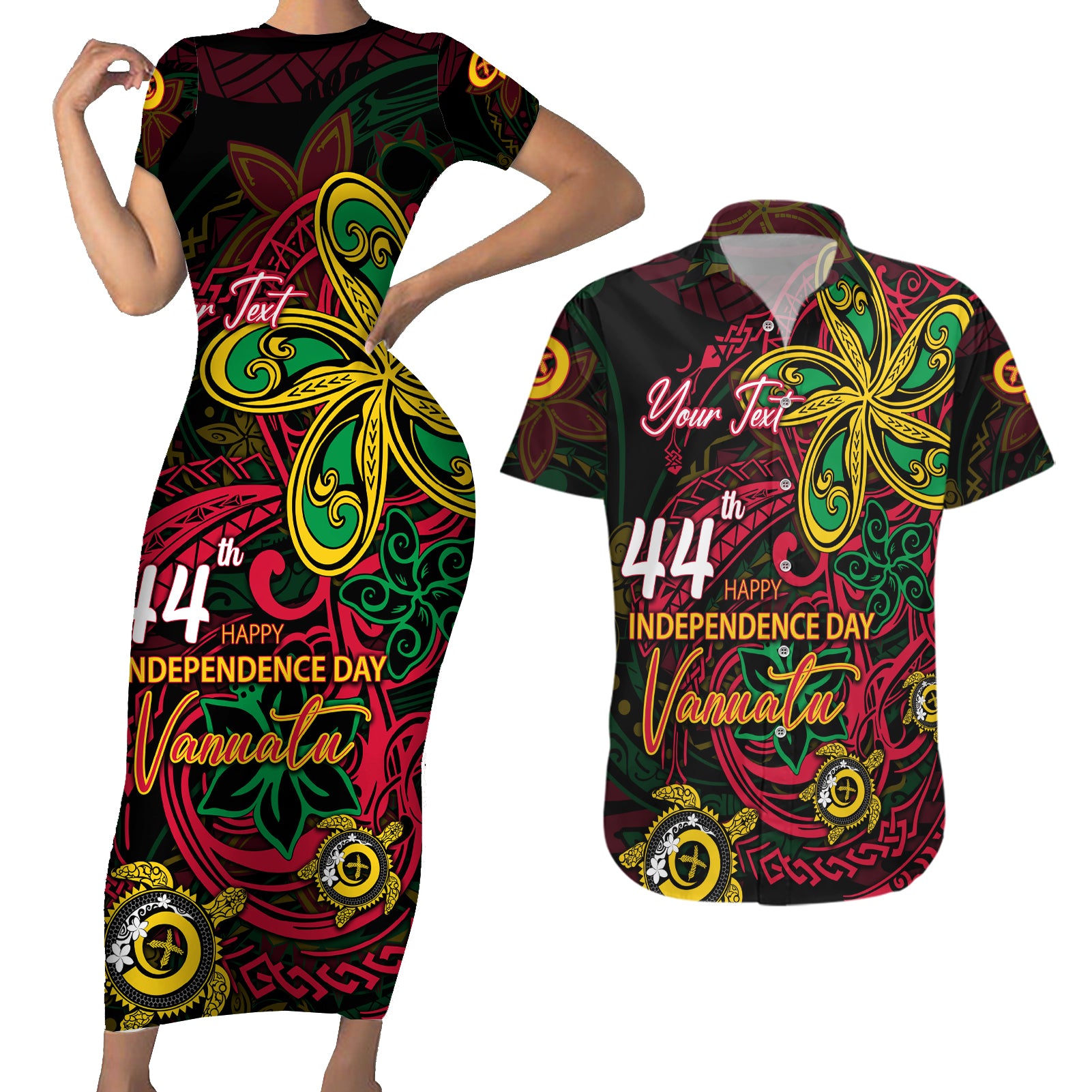 Custom Vanuatu 44th Independence Anniversary Couples Matching Short Sleeve Bodycon Dress and Hawaiian Shirt Flower Melanesian Namele Turtle