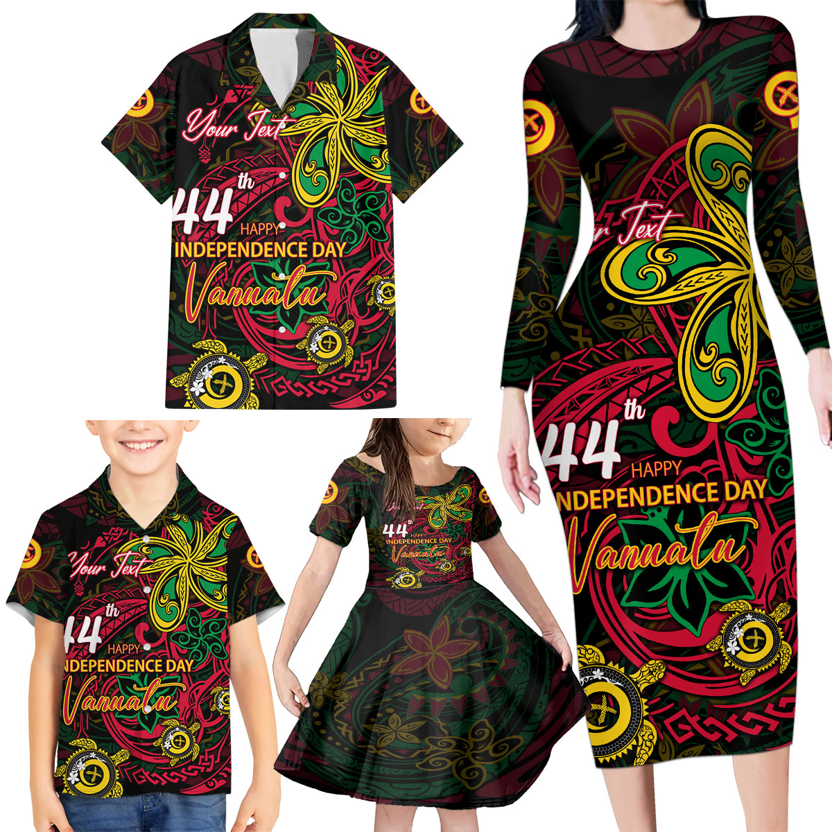 Custom Vanuatu 44th Independence Anniversary Family Matching Long Sleeve Bodycon Dress and Hawaiian Shirt Flower Melanesian Namele Turtle