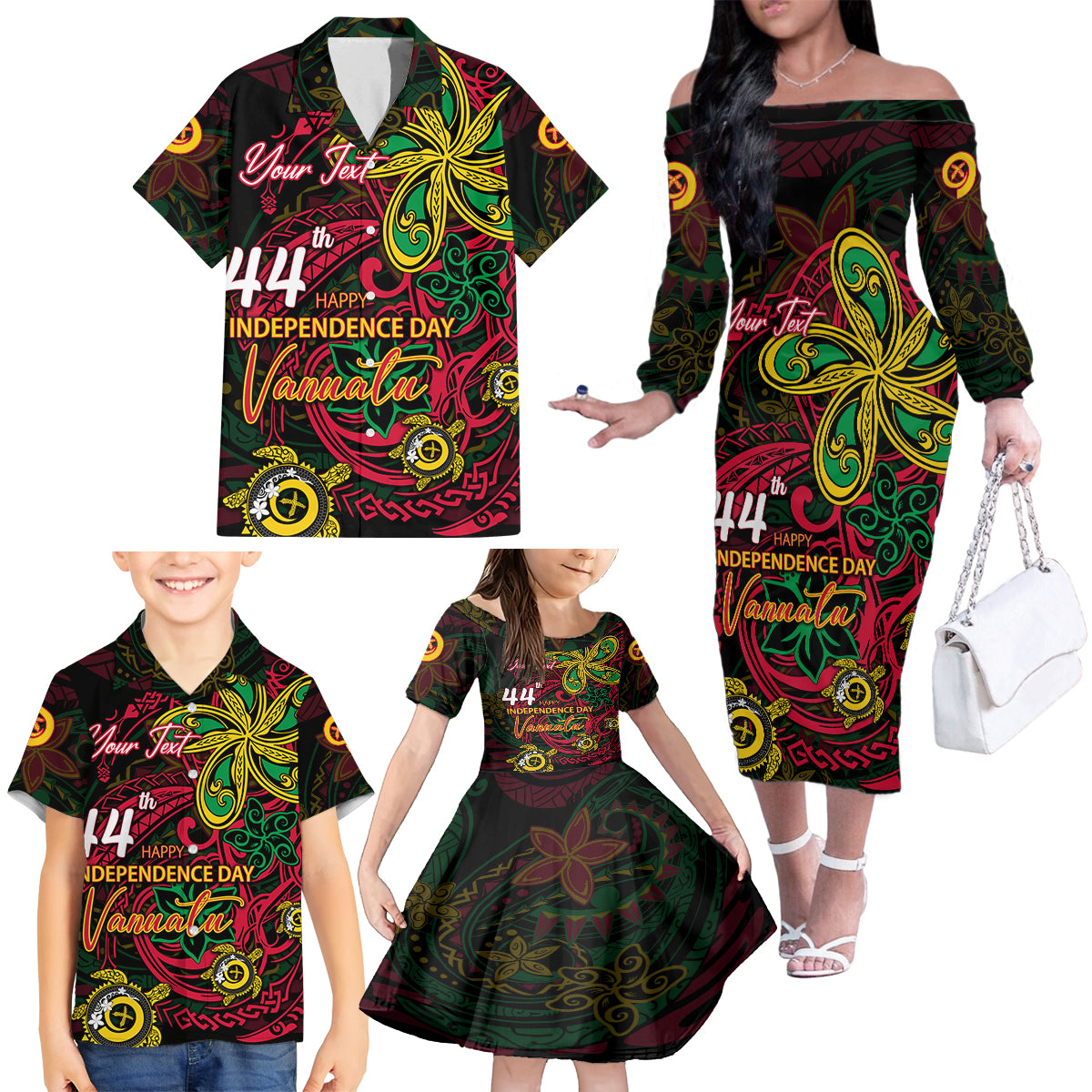 Custom Vanuatu 44th Independence Anniversary Family Matching Off The Shoulder Long Sleeve Dress and Hawaiian Shirt Flower Melanesian Namele Turtle