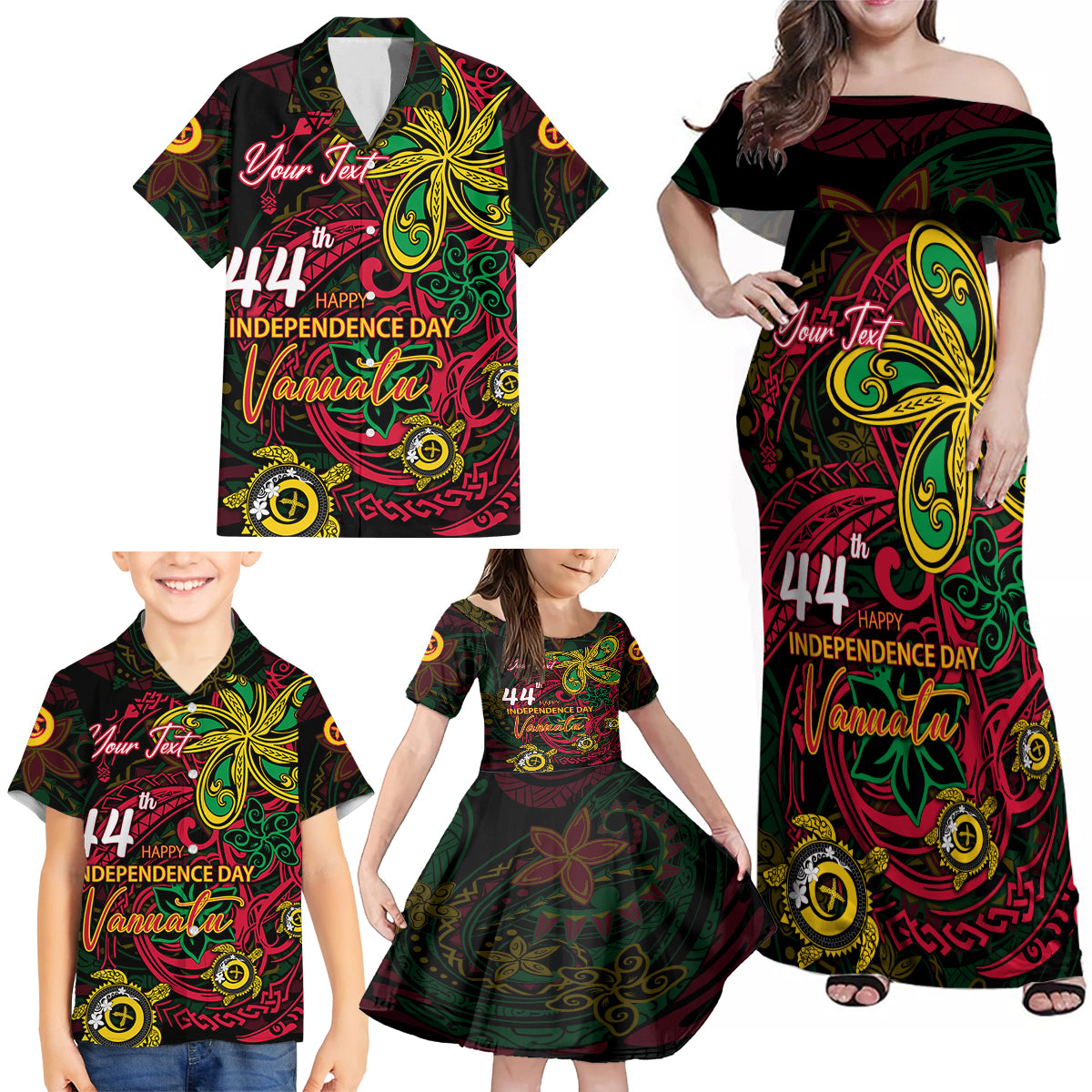 Custom Vanuatu 44th Independence Anniversary Family Matching Off Shoulder Maxi Dress and Hawaiian Shirt Flower Melanesian Namele Turtle