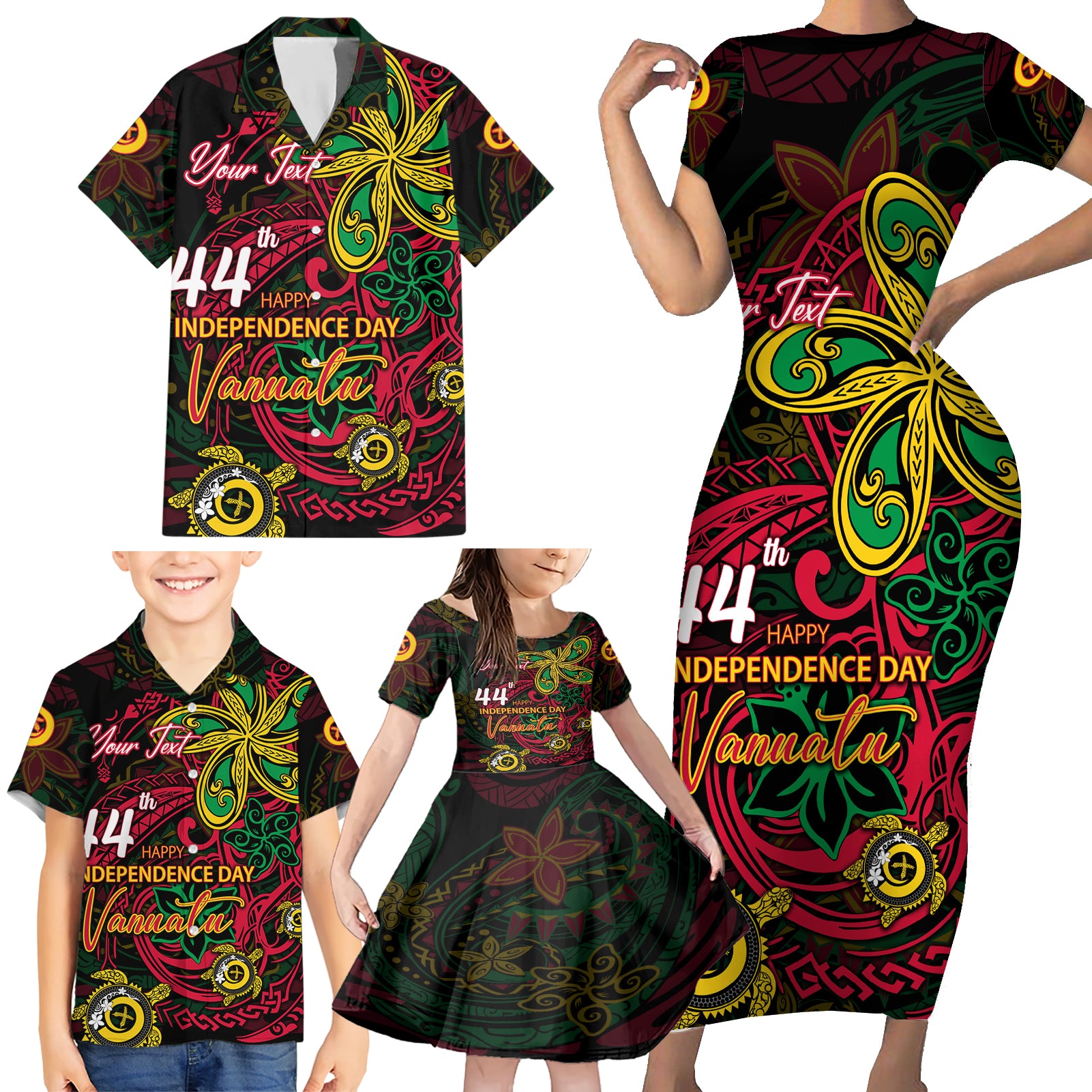 Custom Vanuatu 44th Independence Anniversary Family Matching Short Sleeve Bodycon Dress and Hawaiian Shirt Flower Melanesian Namele Turtle