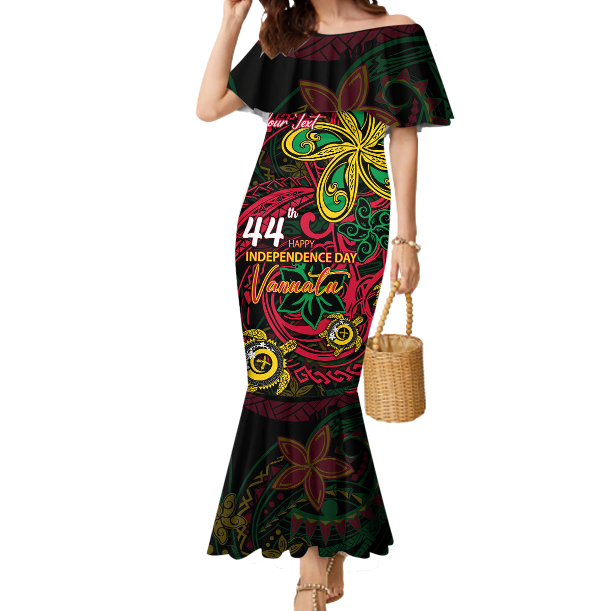 Custom Vanuatu 44th Independence Anniversary Mermaid Dress Flower Melanesian Namele Turtle